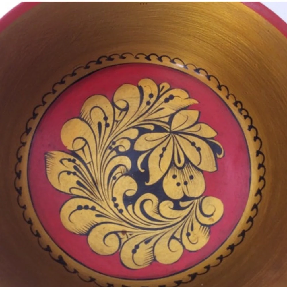 Vintage Red Gold Wood Bowl Khokhloma Painted Decorative Made in USSR Hand Paint